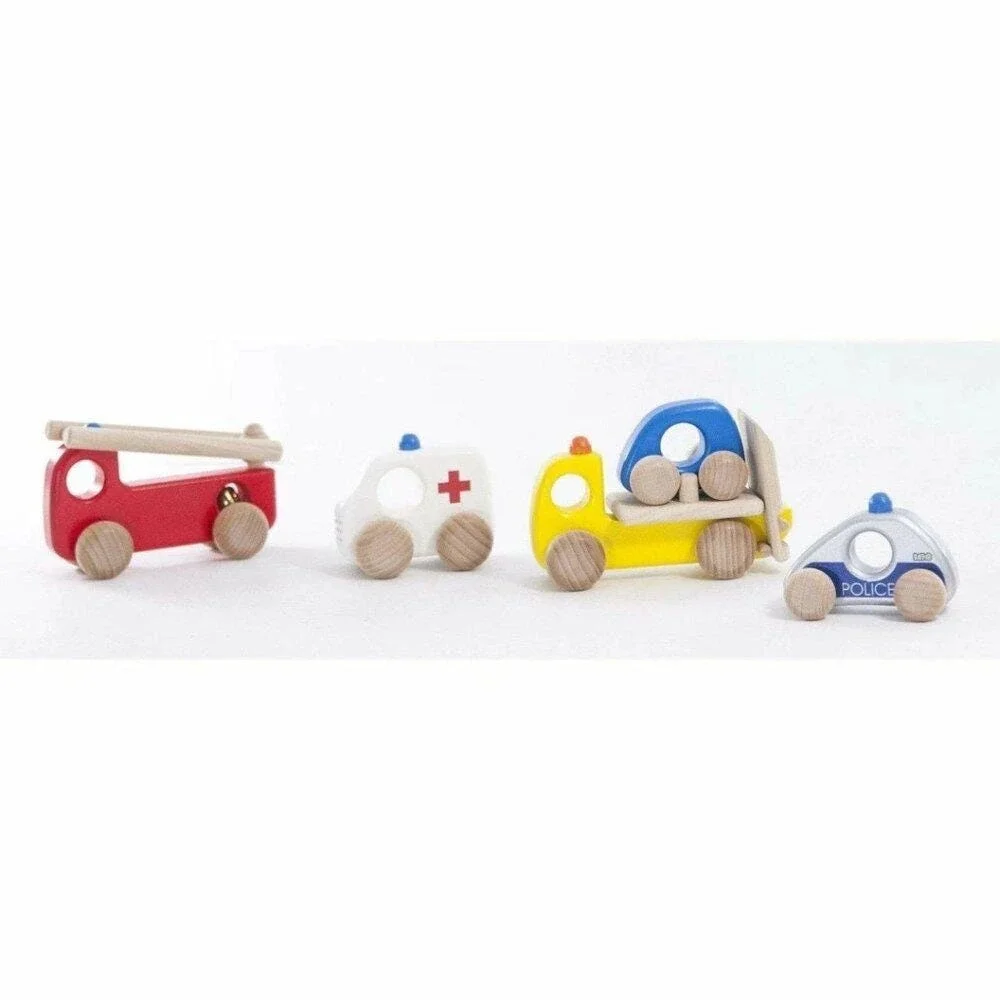 Bajo Wooden Toy Truck Emergency Vehicle Set - Police Ambulance Fire‎ Tow Truck